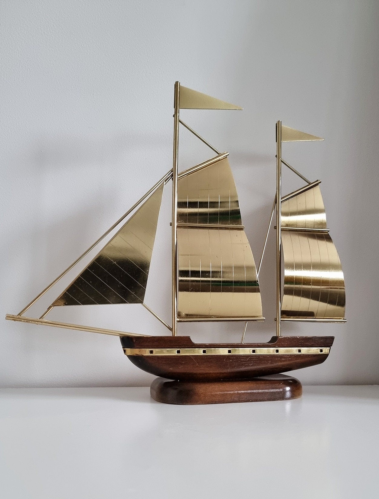 Vintage Brass & Wood Sailing Ship Sculpture