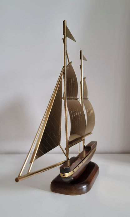 Vintage Brass & Wood Sailing Ship Sculpture