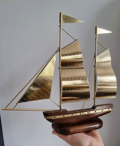 Vintage Brass & Wood Sailing Ship Sculpture