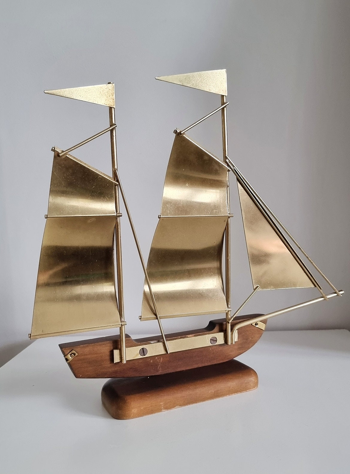 Vintage Brass & Wood Sailing Ship Sculpture