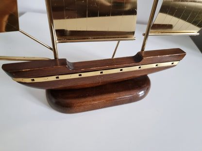 Vintage Brass & Wood Sailing Ship Sculpture