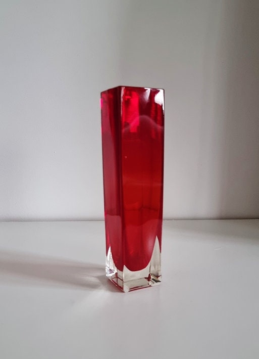 Vintage Japanese Red & Clear Glass Vase