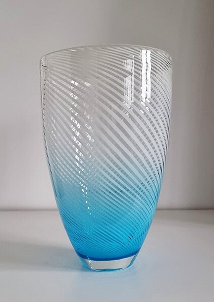 Mid-Century Murano Blue & White Striped Italian Art Glass Vase