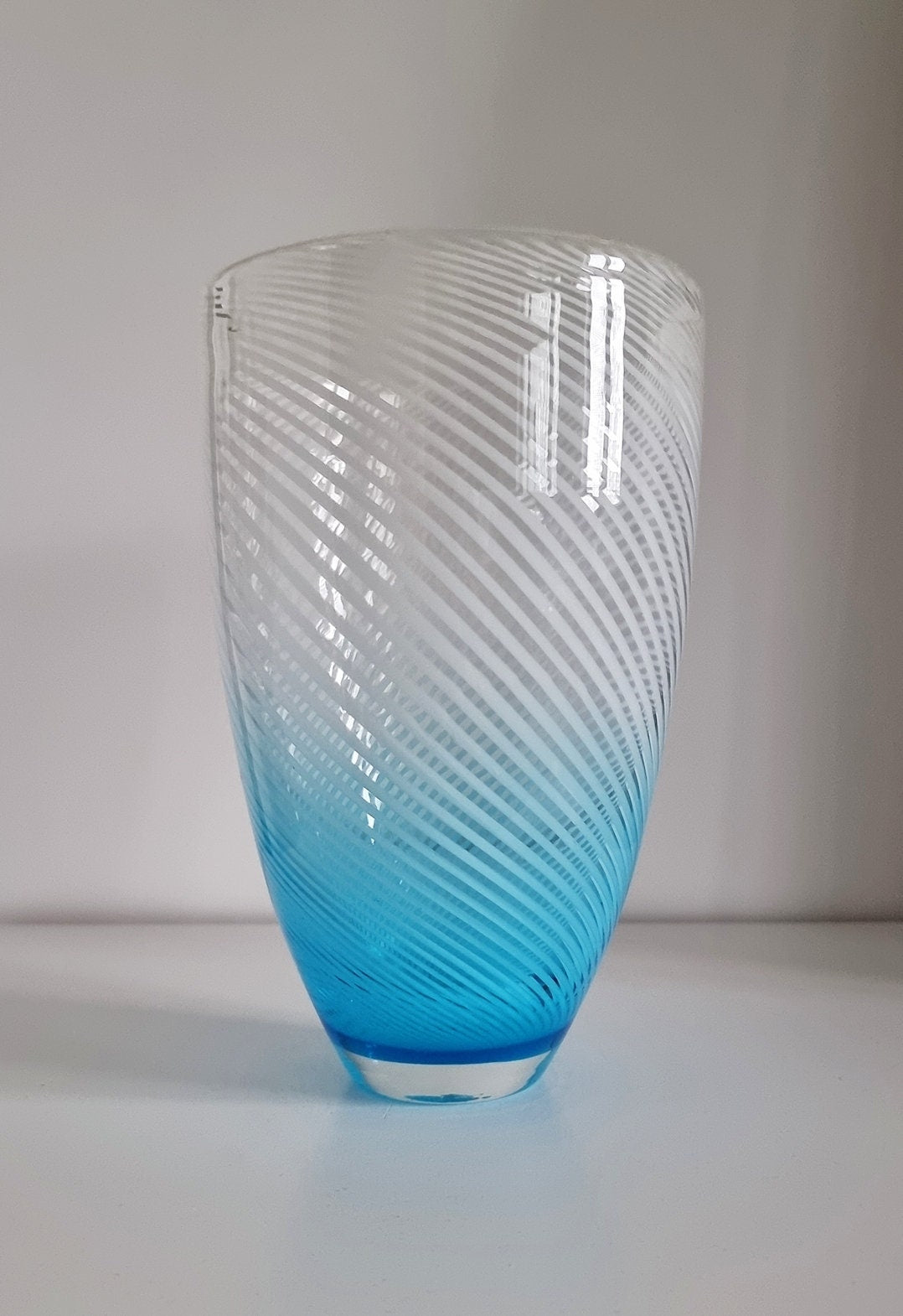 Mid-Century Murano Blue & White Striped Italian Art Glass Vase