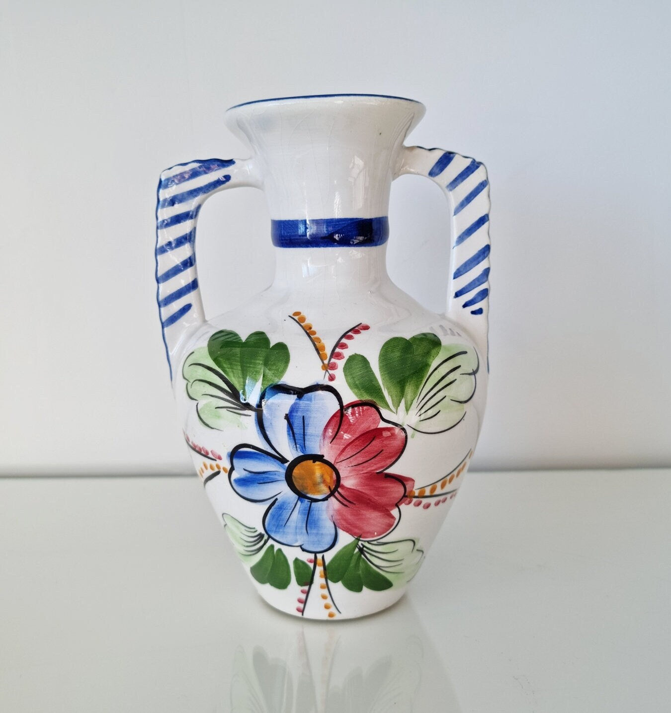 Vintage Hand-Painted Double Handled Folk Art Ceramic Jug