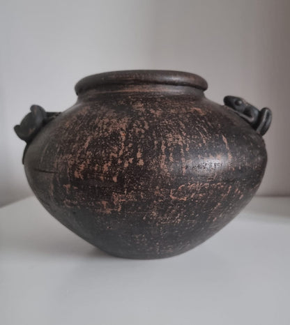 Vintage Brown Pottery Vase/Pot With Frogs