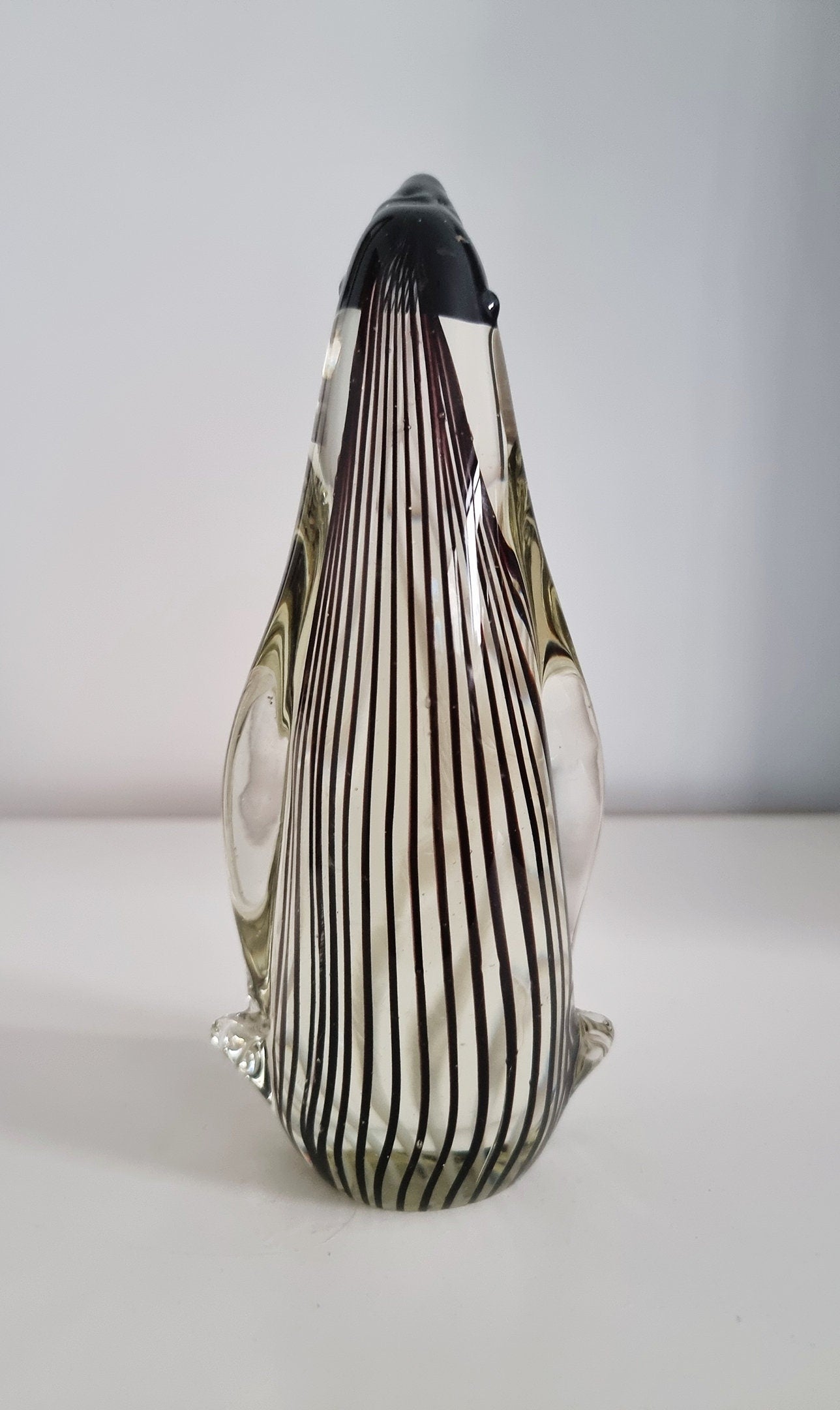 Mid-Century Black & White Striped Glass Penguin Sculpture