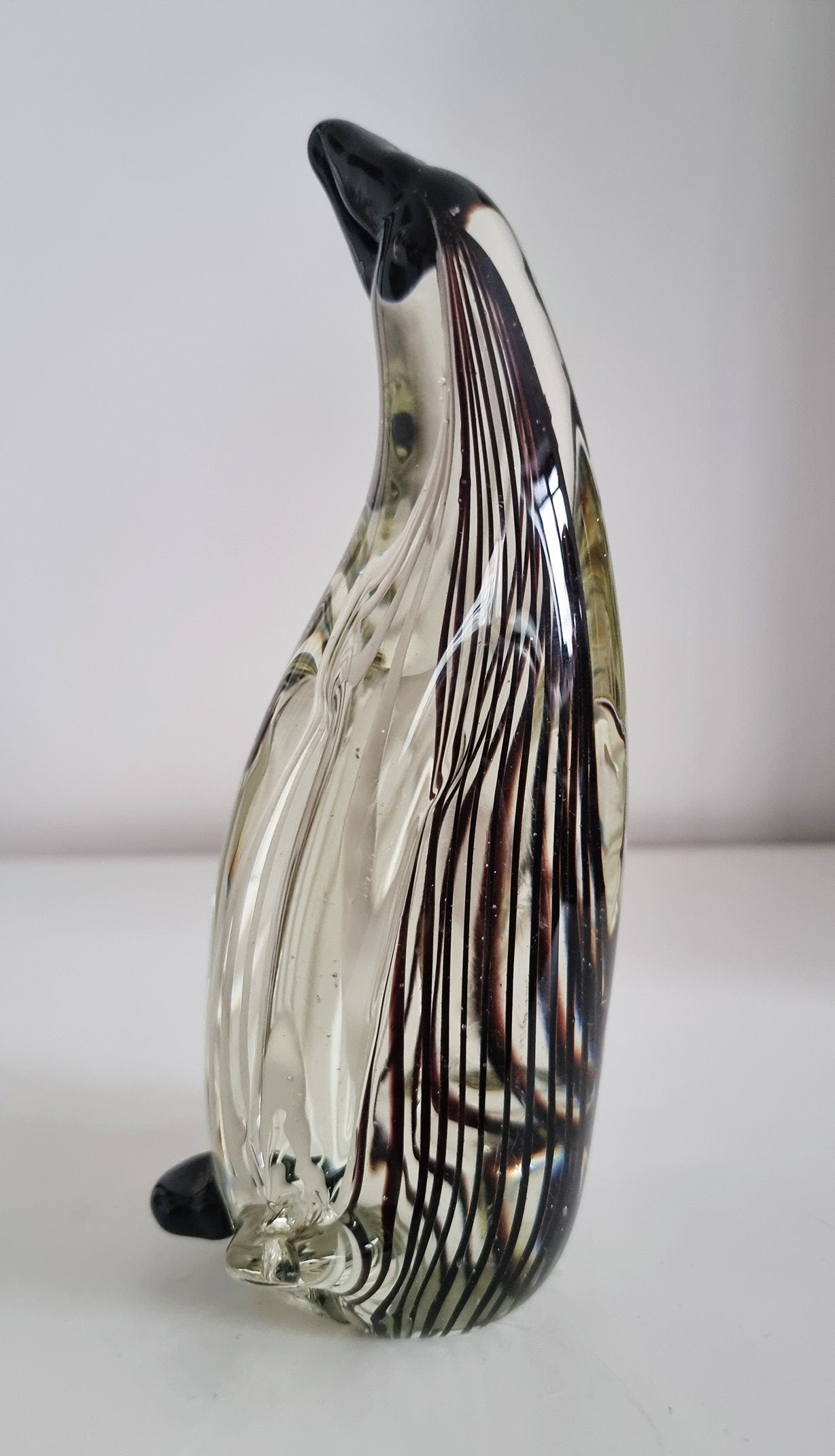 Mid-Century Black & White Striped Glass Penguin Sculpture