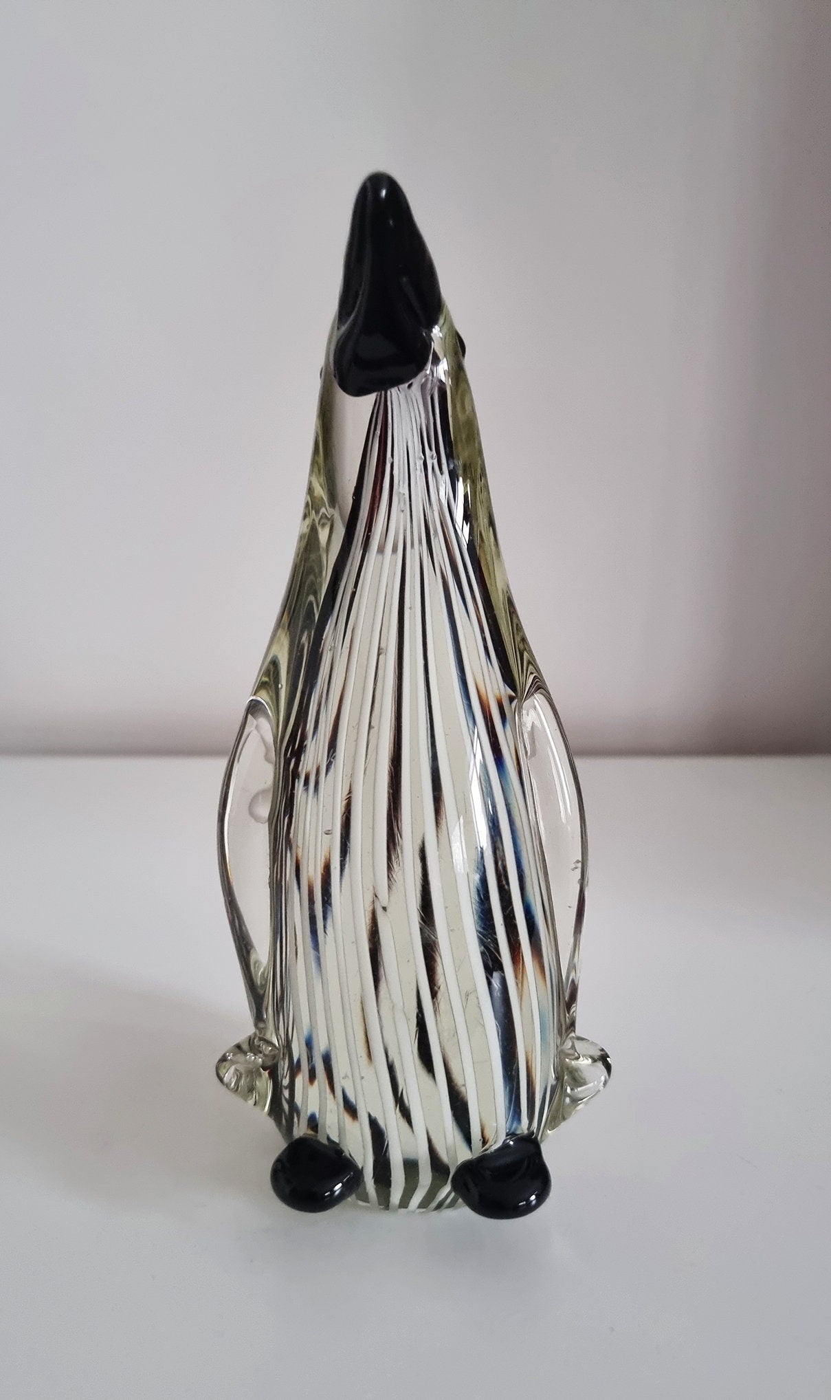 Mid-Century Black & White Striped Glass Penguin Sculpture