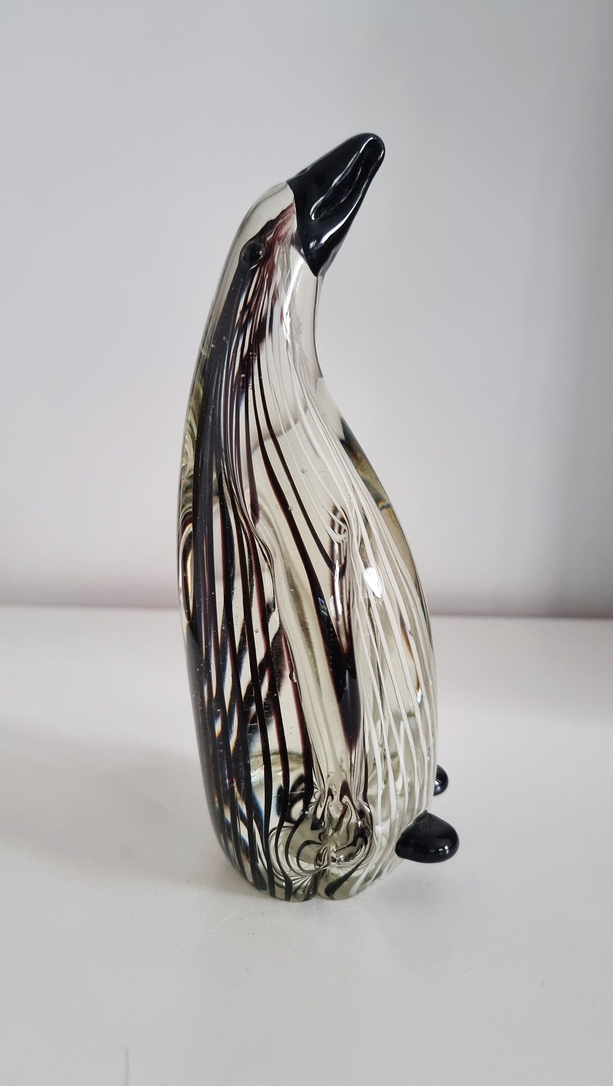 Mid-Century Black & White Striped Glass Penguin Sculpture