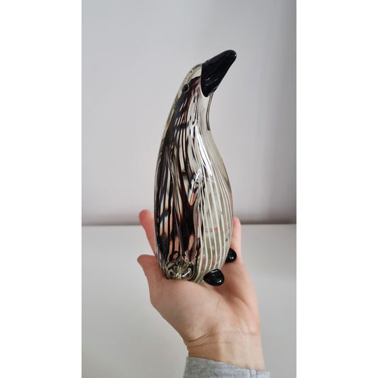 Mid-Century Black & White Striped Glass Penguin Sculpture