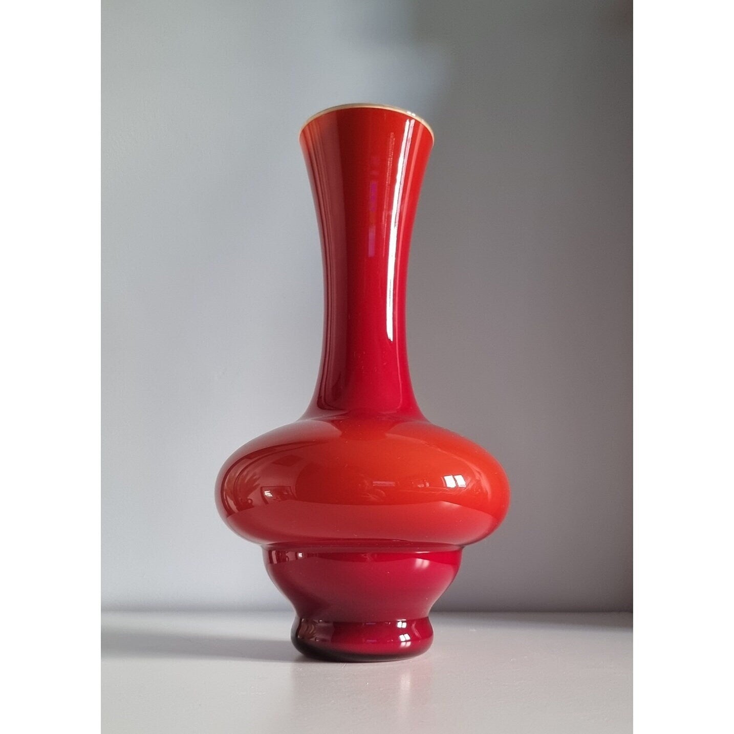 Mid-Century Modern Red Hooped Cased Glass Vase