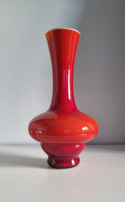 Mid-Century Modern Red Hooped Cased Glass Vase