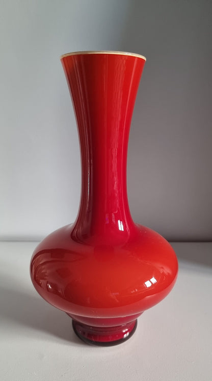 Mid-Century Modern Red Hooped Cased Glass Vase