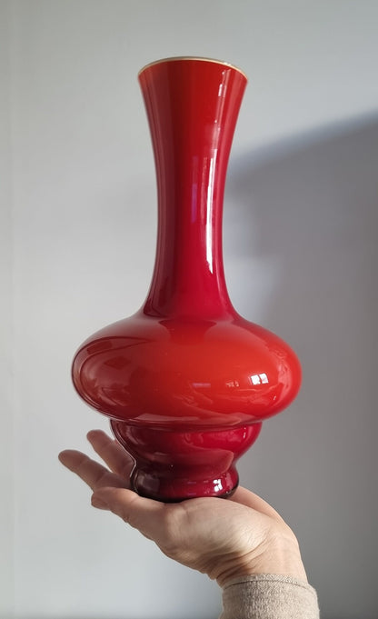 Mid-Century Modern Red Hooped Cased Glass Vase