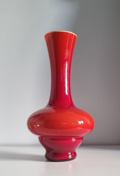 Mid-Century Modern Red Hooped Cased Glass Vase