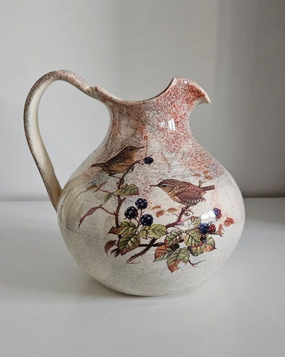 Vintage Ceramic Jug/Vase With Floral & Bird Motifs