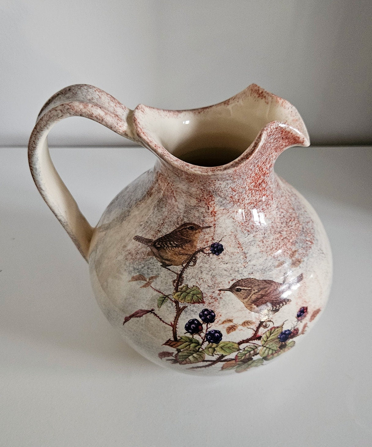 Vintage Ceramic Jug/Vase With Floral & Bird Motifs