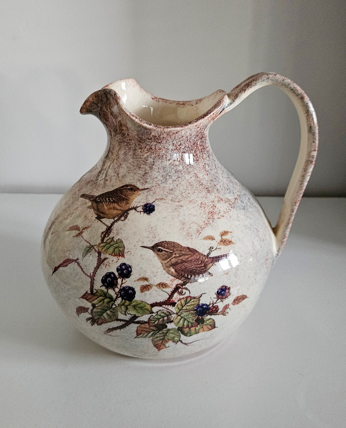 Vintage Ceramic Jug/Vase With Floral & Bird Motifs