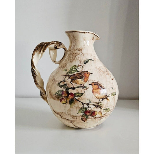 Vintage Ceramic Jug/Vase With Floral & Bird Motifs