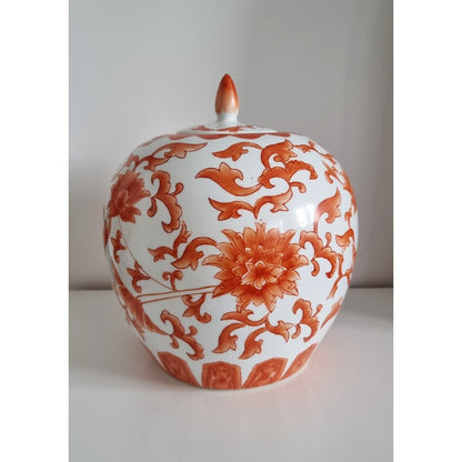 Large Vintage Chinese Orange Floral Ginger Jar/Lidded Vase