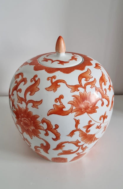 Large Vintage Chinese Orange Floral Ginger Jar/Lidded Vase