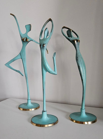 Vintage Set Of Three Painted Brass Dancer/Ballerina Figures