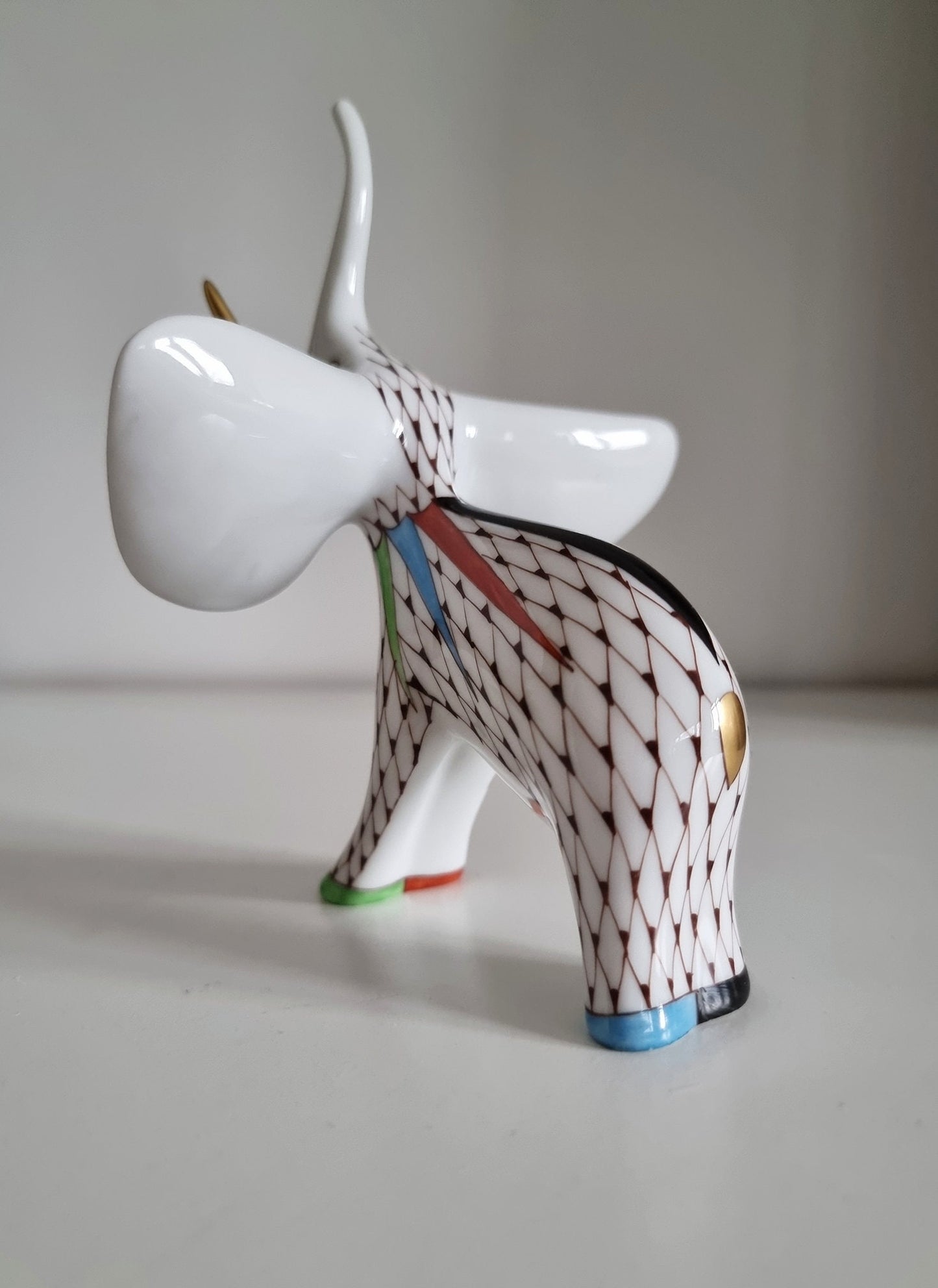 Vintage Hungarian Hollóháza "Fishnet" Porcelain Elephant Figurine