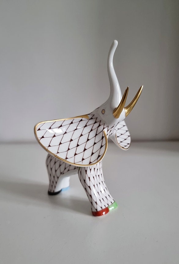 Vintage Hungarian Hollóháza "Fishnet" Porcelain Elephant Figurine