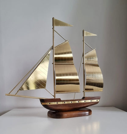 Vintage Brass & Wood Sailing Ship Sculpture