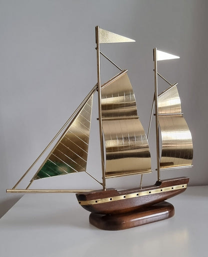 Vintage Brass & Wood Sailing Ship Sculpture