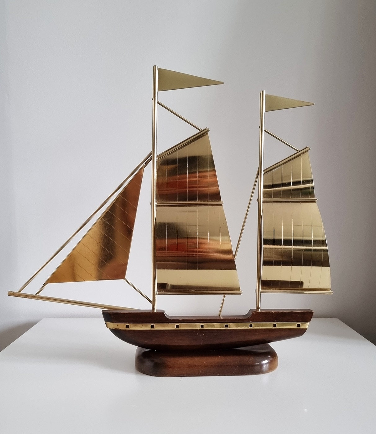 Vintage Brass & Wood Sailing Ship Sculpture