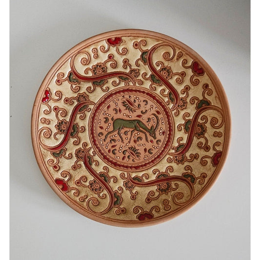 Vintage Original Bonis Pottery Handmade/Hand Painted Terracorra Wall Plate With Deer Design, Made In Greece