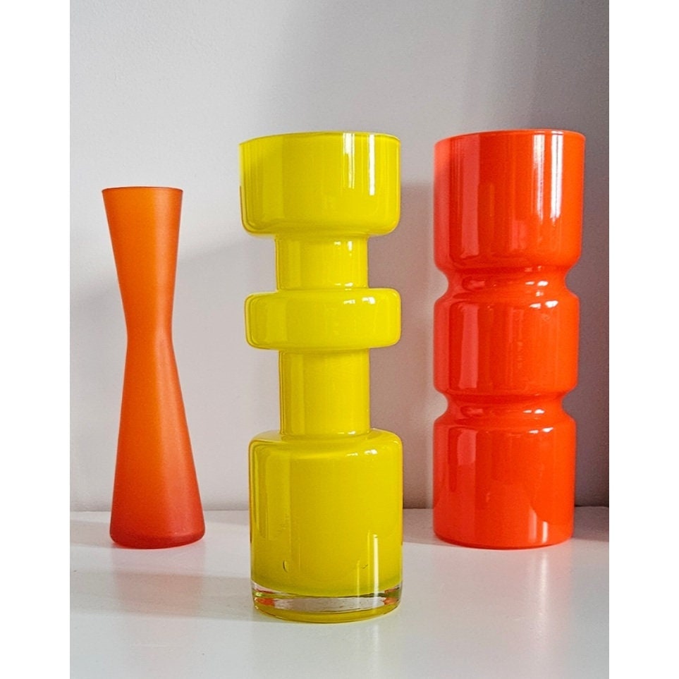 Retro Design Yellow Hooped Cased Glass Vase