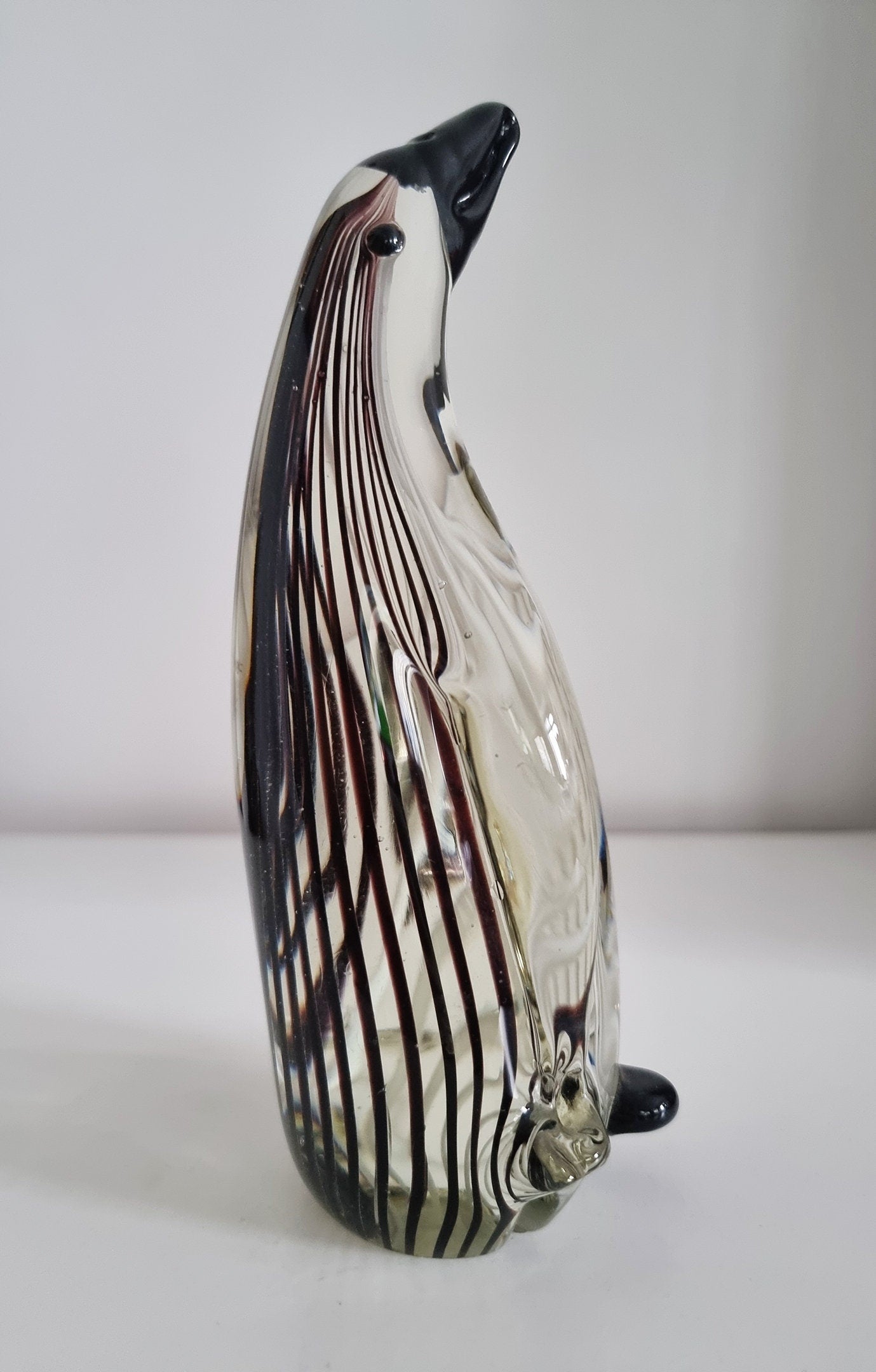 Mid-Century Black & White Striped Glass Penguin Sculpture