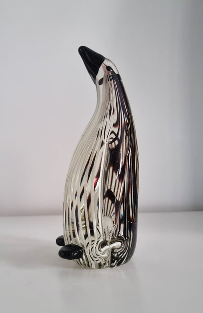 Mid-Century Black & White Striped Glass Penguin Sculpture