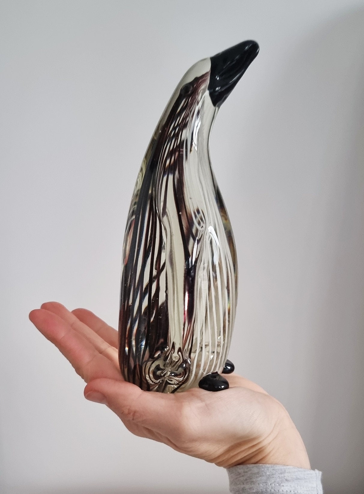 Mid-Century Black & White Striped Glass Penguin Sculpture