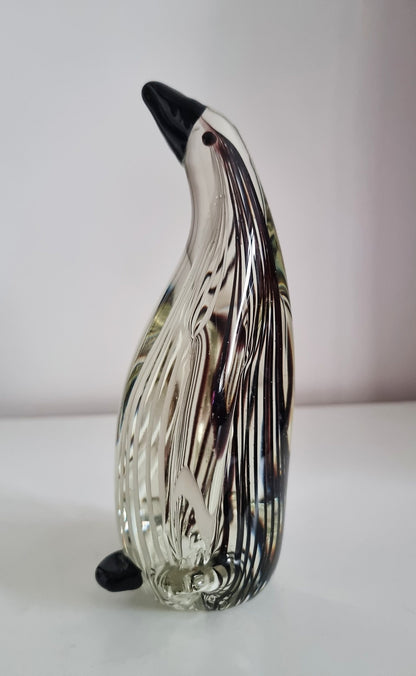 Mid-Century Black & White Striped Glass Penguin Sculpture