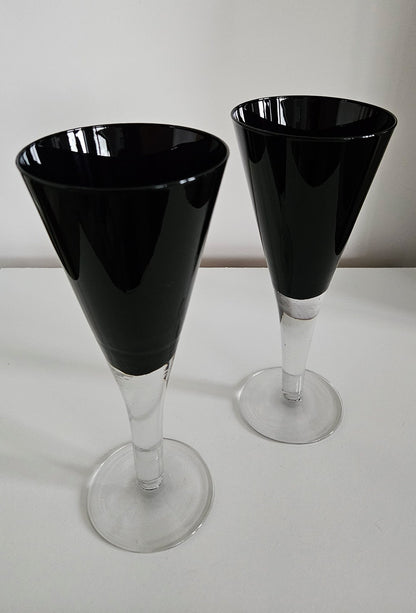 Pair Of Vintage Black & Clear Champagne/Wine/Coctail Glasses