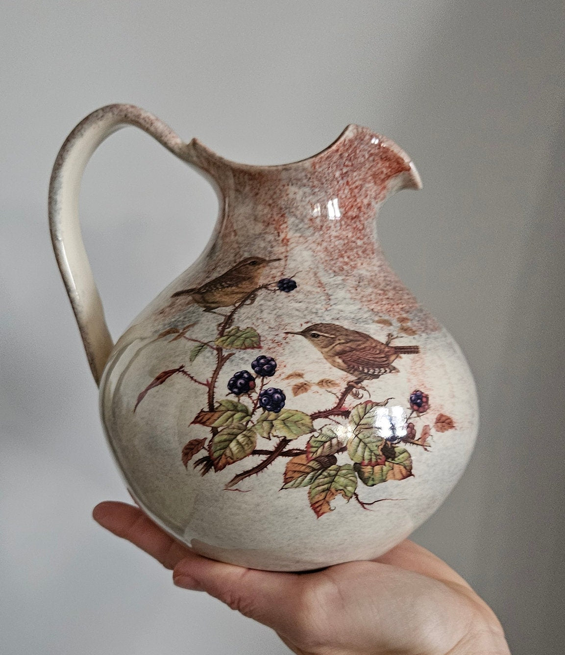 Vintage Ceramic Jug/Vase With Floral & Bird Motifs